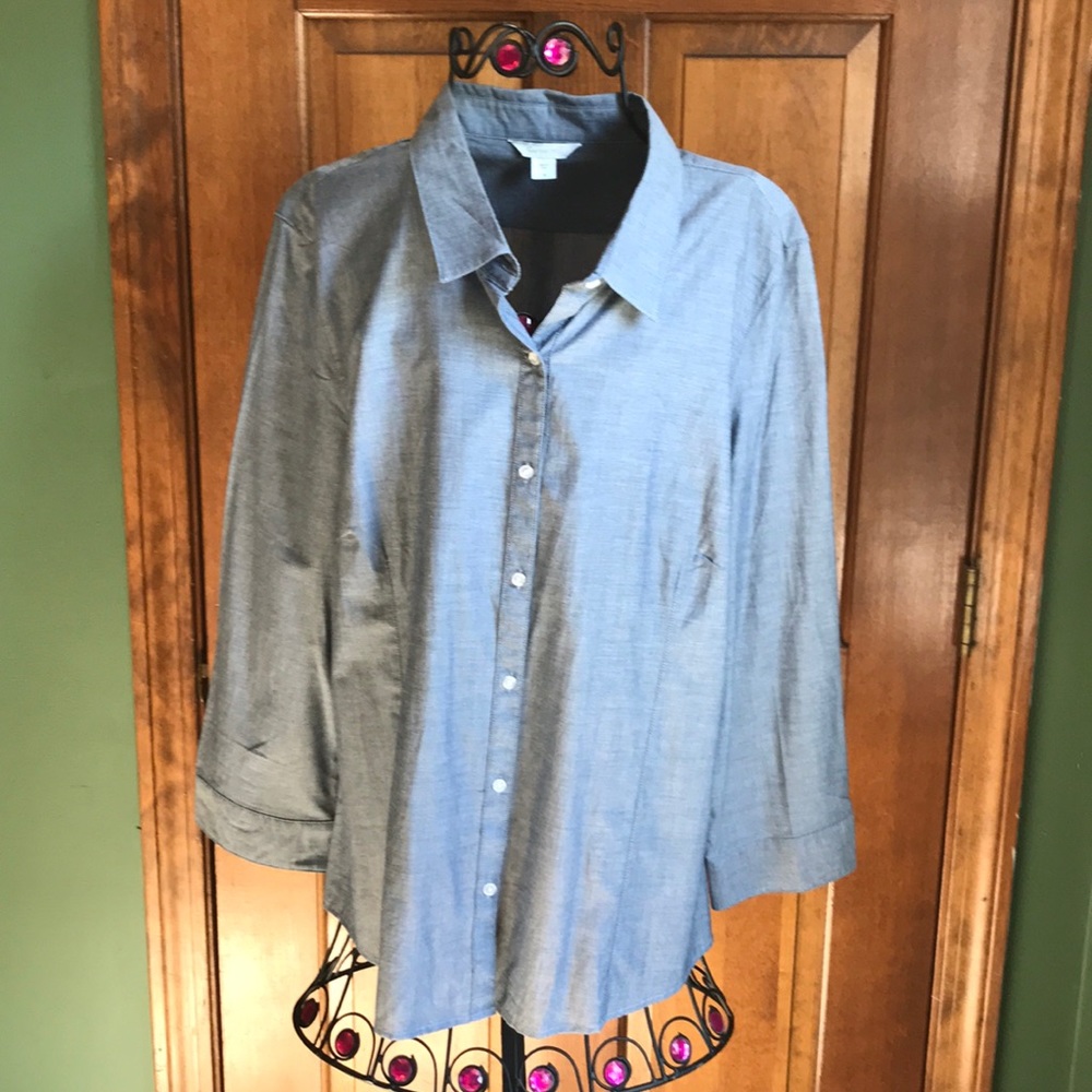 Garnet Hill Blue Blouse 3/4 Sleeves Cotton Size 16